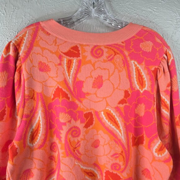 Farm Rio X Anthropologie Sweater Large Coral Paisley Floral Pullover Artsy Top - Picture 9 of 12